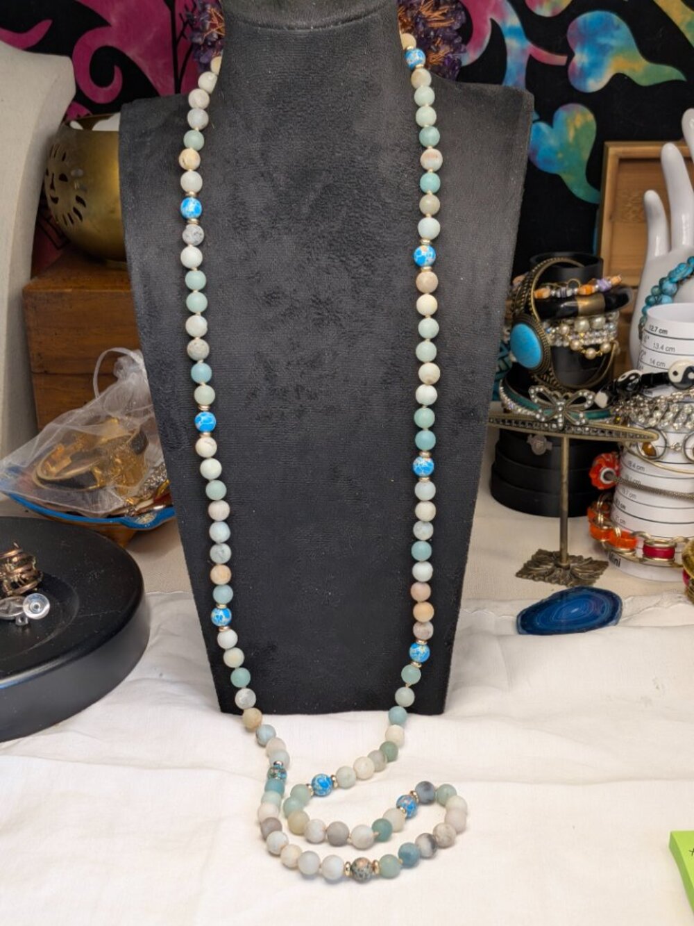 Matte Amazonite & Blue Agate Necklace – 32" Boho Gemstone Strand